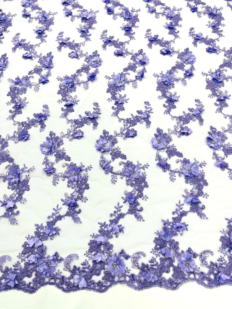 3D Floral Design Embroider and Beaded With Rhinestones On a Mesh Lace. Sold By The Yard - LAVENDER -  For Bridal Weddings Prom & Quinceanera