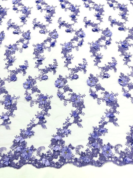 3D Floral Design Embroider and Beaded With Rhinestones On a Mesh Lace. Sold By The Yard - LAVENDER -  For Bridal Weddings Prom & Quinceanera