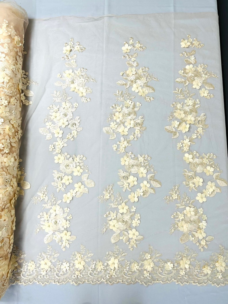 3D Floral Design Embroider and Beaded With Rhinestones On a Mesh Lace. Sold By Yard - CHAMPAGNE -  For Bridal Weddings Prom & Quinceanera