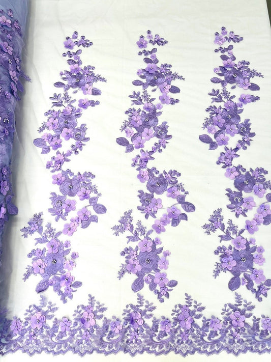 3D Floral Design Embroider and Beaded With Rhinestones On a Mesh Lace. Sold By Yard - LAVENDER -  For Bridal Weddings Prom & Quinceanera