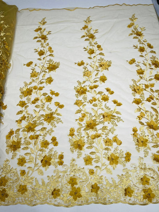 3D Floral Design Embroider and Beaded With Rhinestones On a Mesh Lace. Sold By Yard - GOLD -  For Bridal Weddings Prom & Quinceanera