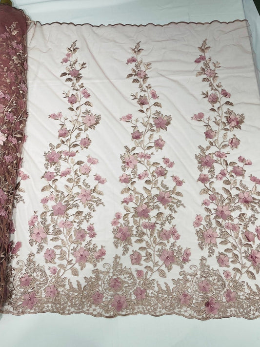 3D Floral Design Embroider and Beaded With Rhinestones On a Mesh Lace. Sold By Yard - DUSTY PINK -  For Bridal Weddings Prom & Quinceanera