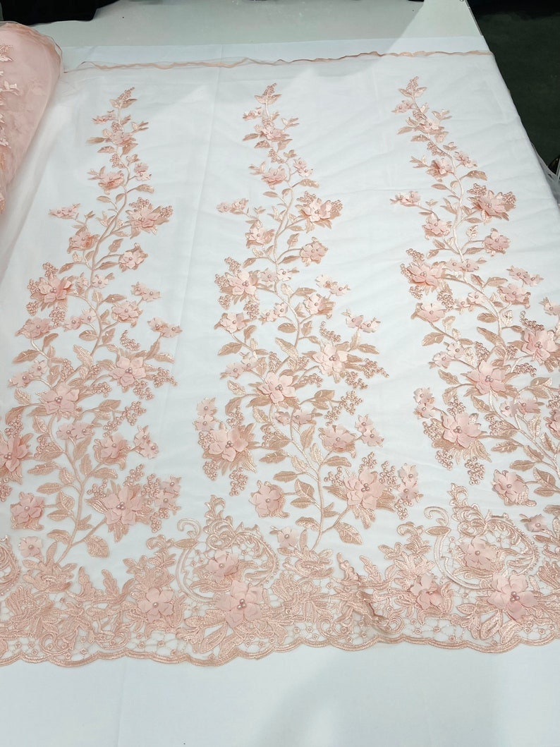 3D Floral Design Embroider and Beaded With Rhinestones On a Mesh Lace. Sold By Yard - BLUSH PINK -  For Bridal Weddings Prom & Quinceanera