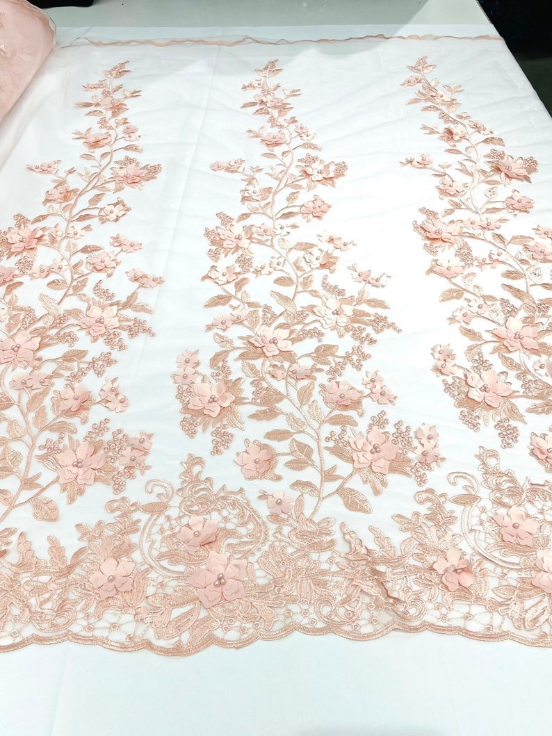 3D Floral Design Embroider and Beaded With Rhinestones On a Mesh Lace. Sold By Yard - BLUSH PINK -  For Bridal Weddings Prom & Quinceanera