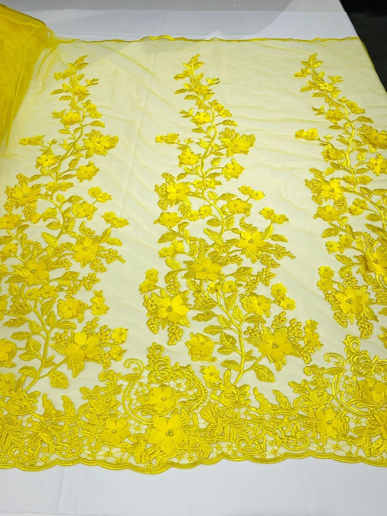 3D Floral Design Embroider and Beaded With Rhinestones On a Mesh Lace. Sold By Yard - BT YELLOW -  For Bridal Weddings Prom & Quinceanera