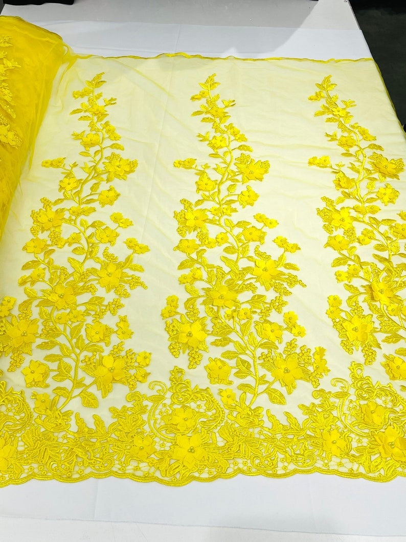 3D Floral Design Embroider and Beaded With Rhinestones On a Mesh Lace. Sold By Yard - BT YELLOW -  For Bridal Weddings Prom & Quinceanera