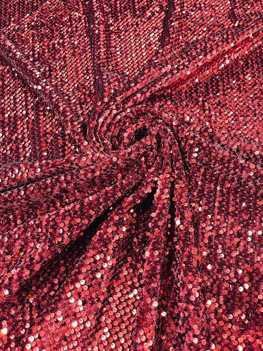 SEQUIN VELVET - Sequins on a Stretch Velvet 2-Way Stretch Sold By The Yard. CRANBERRY - For Fashion Dress Evening Dress Prom Quinceanera