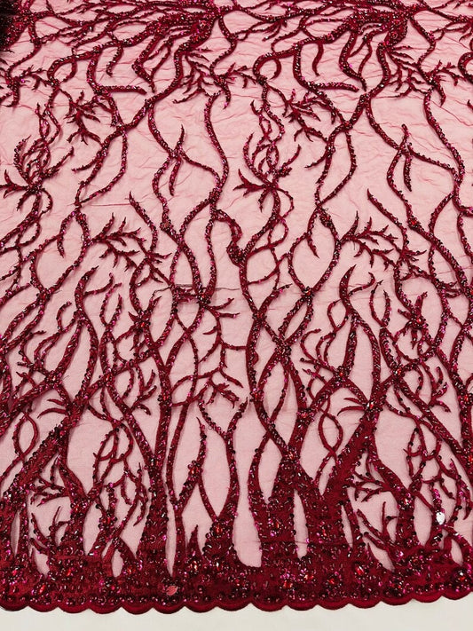 LUXURY ROOTS -  Designs Embroider with Sequins and Heavy Beaded on a Mesh Lace Fabric - Sold By The Yard - BURGUNDY