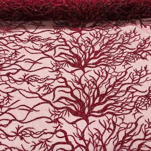 LUXURY ROOTS -  Designs Embroider with Sequins and Heavy Beaded on a Mesh Lace Fabric - Sold By The Yard - BURGUNDY