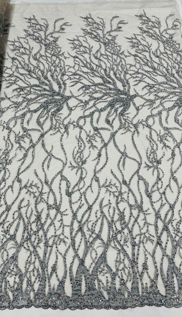 LUXURY ROOTS -  Designs Embroider with Sequins and Heavy Beaded on a Mesh Lace Fabric - Sold By The Yard - SILVER