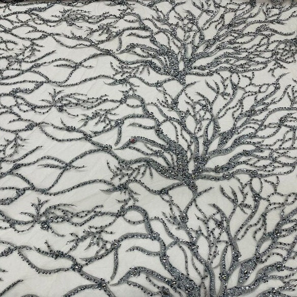 LUXURY ROOTS -  Designs Embroider with Sequins and Heavy Beaded on a Mesh Lace Fabric - Sold By The Yard - SILVER