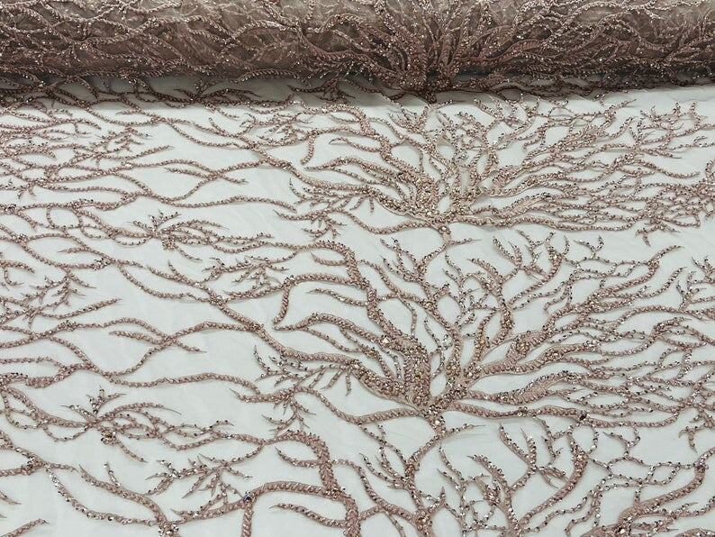 LUXURY ROOTS -  Designs Embroider with Sequins and Heavy Beaded on a Mesh Lace Fabric - Sold By The Yard - BLUSHPINK