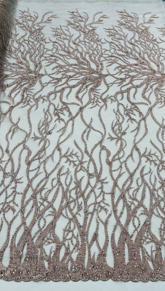 LUXURY ROOTS -  Designs Embroider with Sequins and Heavy Beaded on a Mesh Lace Fabric - Sold By The Yard - ROSEGOLD