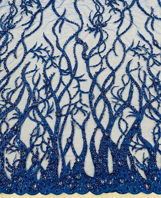 LUXURY ROOTS -  Designs Embroider with Sequins and Heavy Beaded on a Mesh Lace Fabric - Sold By The Yard - ROYALBLUE