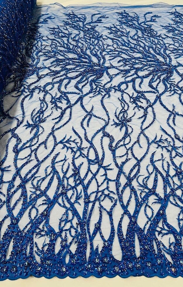 LUXURY ROOTS -  Designs Embroider with Sequins and Heavy Beaded on a Mesh Lace Fabric - Sold By The Yard - ROYALBLUE