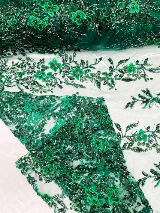 METALLIC BRANCHES  -  Designs Embroider with Sequins and Heavy Beaded on a Mesh Lace Fabric - Sold By The Yard - GREEN