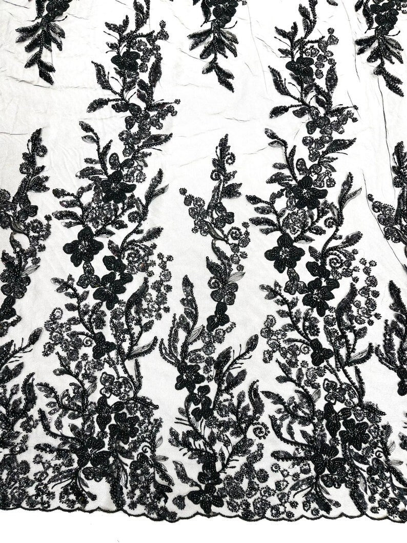 METALLIC BRANCHES  -  Designs Embroider with Sequins and Heavy Beaded on a Mesh Lace Fabric - Sold By The Yard - BLACK