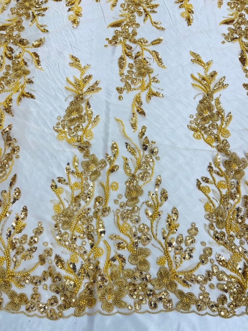 METALLIC BRANCHES  -  Designs Embroider with Sequins and Heavy Beaded on a Mesh Lace Fabric - Sold By The Yard - GOLD