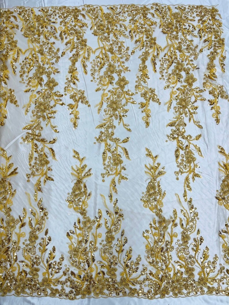 METALLIC BRANCHES  -  Designs Embroider with Sequins and Heavy Beaded on a Mesh Lace Fabric - Sold By The Yard - GOLD