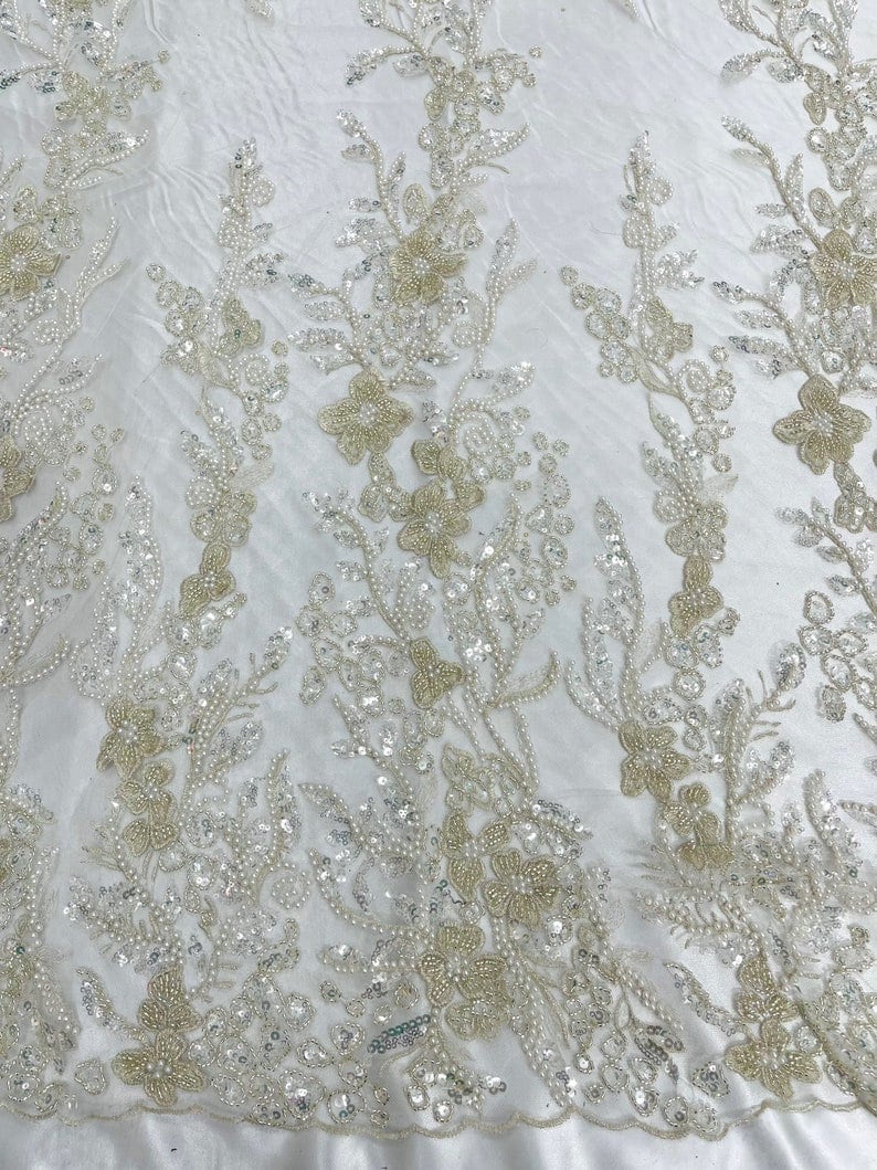 METALLIC BRANCHES  -  Designs Embroider with Sequins and Heavy Beaded on a Mesh Lace Fabric - Sold By The Yard - IVORY