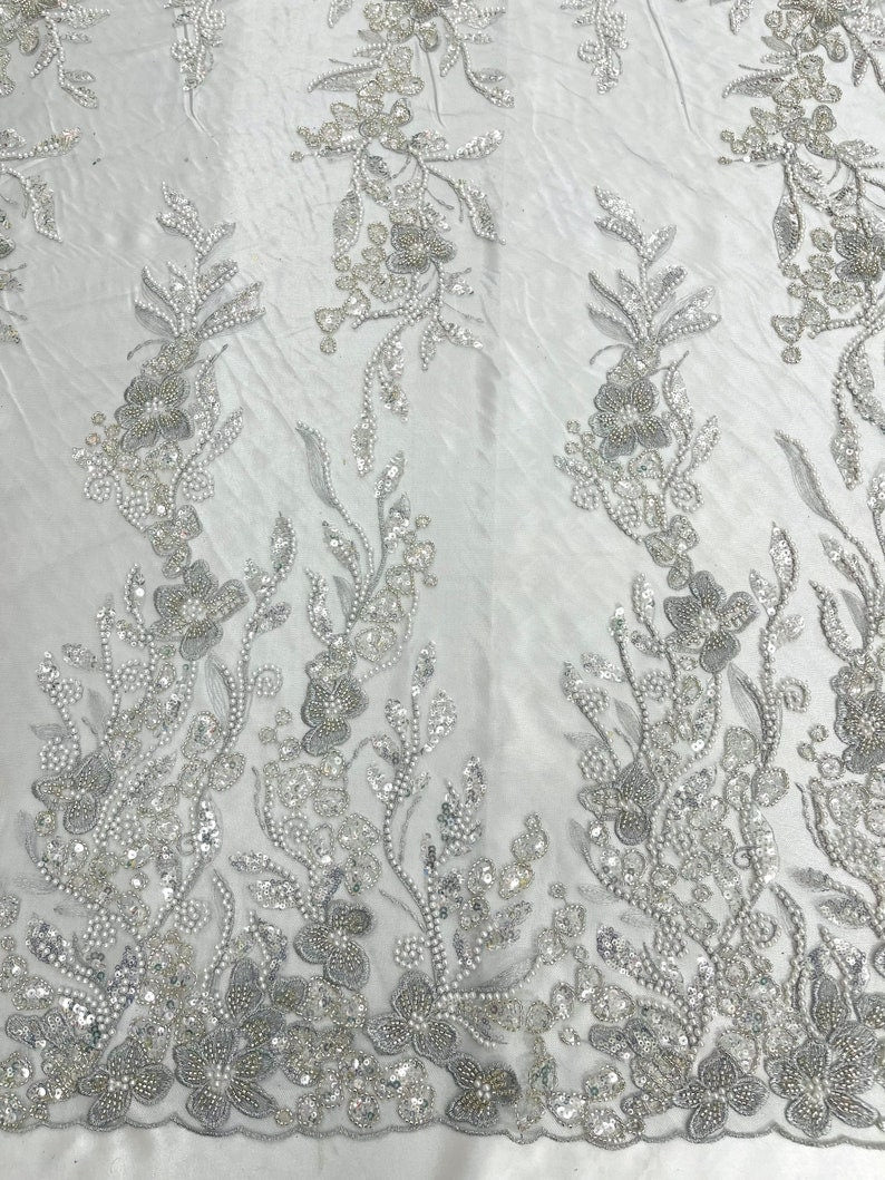 METALLIC BRANCHES  -  Designs Embroider with Sequins and Heavy Beaded on a Mesh Lace Fabric - Sold By The Yard - SILVER