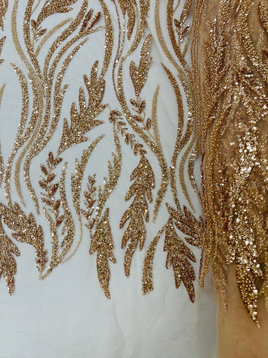 WHEAT BRANCHES  -  Designs Embroider with Sequins and Heavy Beaded on a Mesh Lace Fabric - Sold By The Yard - ROSEGOLD