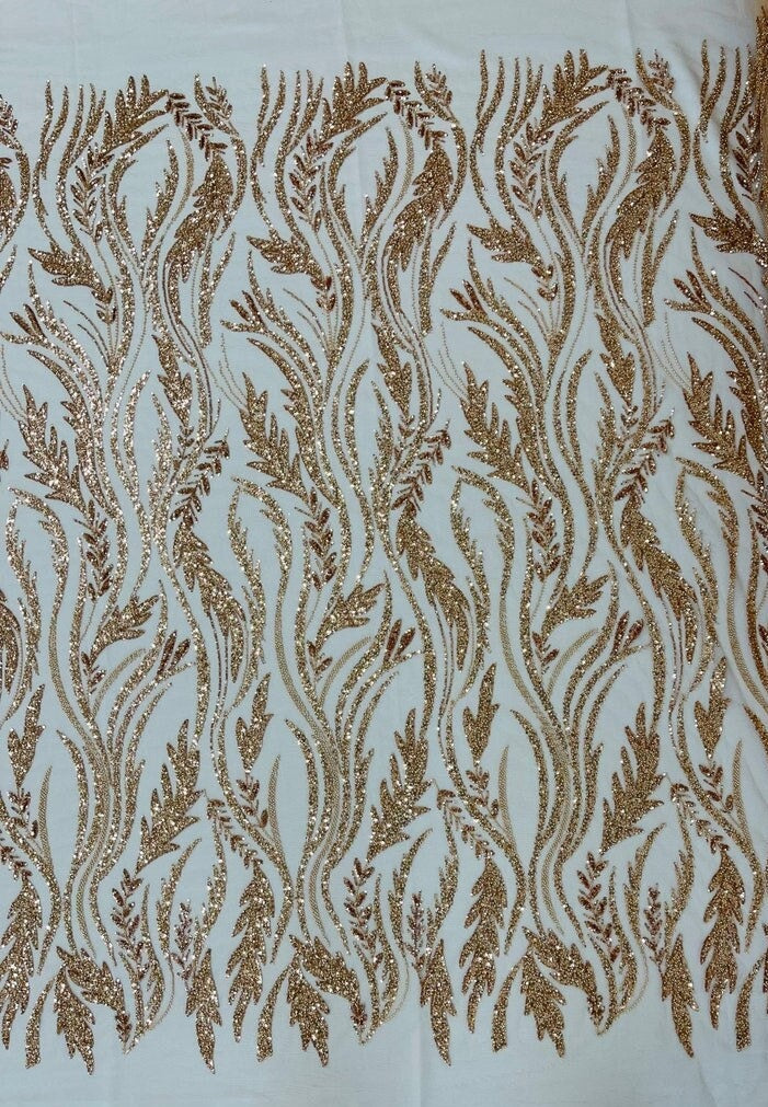 WHEAT BRANCHES  -  Designs Embroider with Sequins and Heavy Beaded on a Mesh Lace Fabric - Sold By The Yard - ROSEGOLD