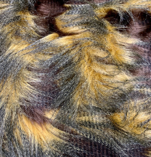 DARK BROWN - GOLD - Faux Fake Fur Feathered Bird Long Pile Fabric - For Blankets Fashion Clothing Coats - Scarfs Rugs Crafts Decor