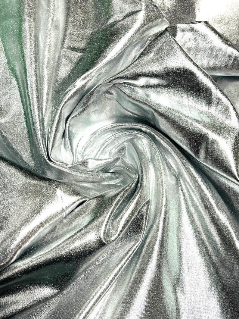 METALLIC FOIL - Stretch Lightweight Knit Jersey Polyester Spandex Fabric By The Yard - SILVER - For Scrunchies Clothes Costumes Crafts Bows