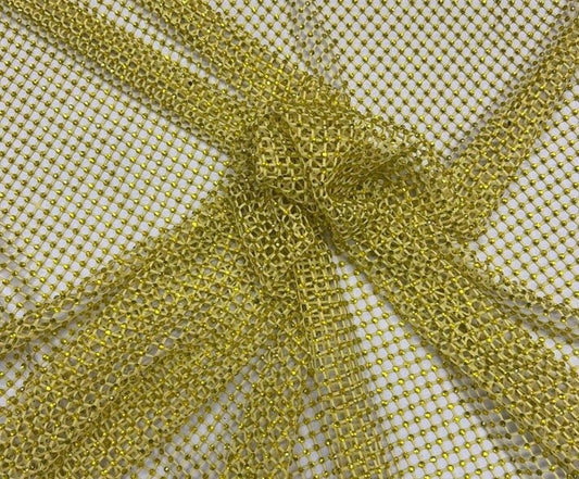 RHINESTONES - High Fashion - Rhinestones On Soft Stretch Fish Net Fabric 45" Wide -Sold by The Yard. Yellow