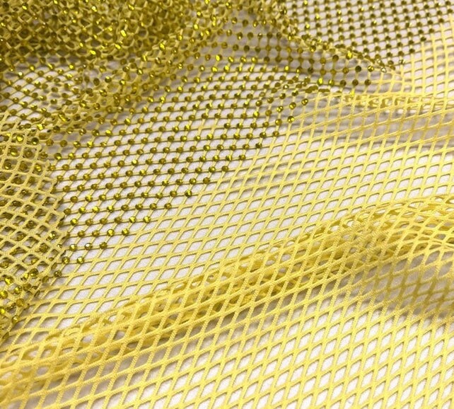 RHINESTONES - High Fashion - Rhinestones On Soft Stretch Fish Net Fabric 45" Wide -Sold by The Yard. Yellow