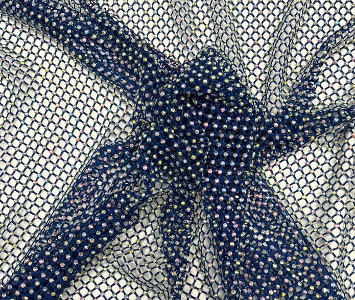 RHINESTONES - High Fashion - Rhinestones On Soft Stretch Fish Net Fabric 45" Wide -Sold by The Yard. Royal Blue