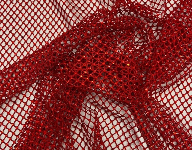 RHINESTONES - High Fashion - Rhinestones On Soft Stretch Fish Net Fabric 45" Wide -Sold by The Yard. Red