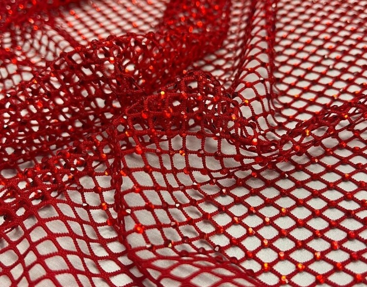 RHINESTONES - High Fashion - Rhinestones On Soft Stretch Fish Net Fabric 45" Wide -Sold by The Yard. Red