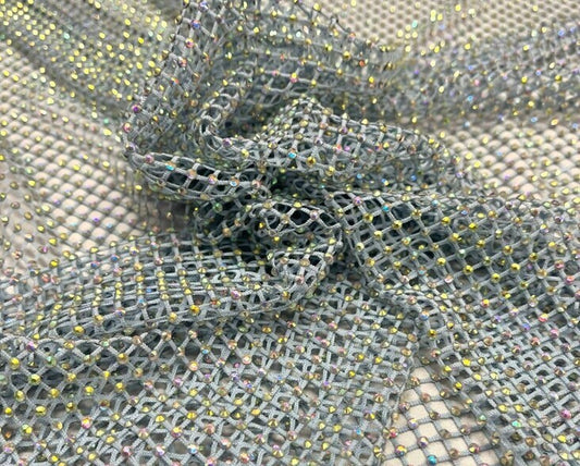 RHINESTONES - High Fashion - Rhinestones On Soft Stretch Fish Net Fabric 45" Wide -Sold by The Yard. Light Blue