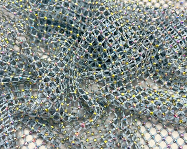 RHINESTONES - High Fashion - Rhinestones On Soft Stretch Fish Net Fabric 45" Wide -Sold by The Yard. Light Blue