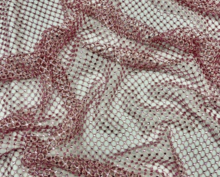 RHINESTONES - High Fashion - Rhinestones On Soft Stretch Fish Net Fabric 45" Wide -Sold by The Yard. Blush Pink