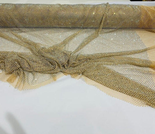 RHINESTONES - High Fashion - Rhinestones On Soft Stretch Fish Net Fabric 45" Wide -Sold by The Yard. Champagne Nude