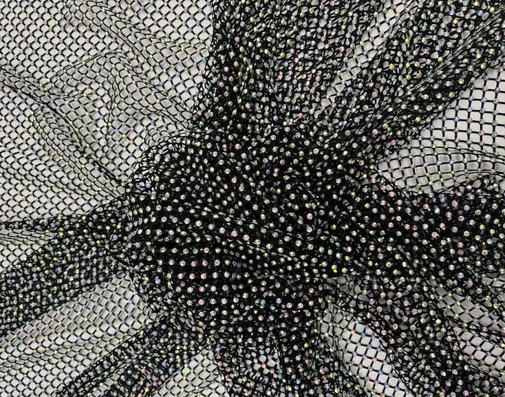 RHINESTONES - High Fashion - Rhinestones On Soft Stretch Fish Net Fabric 45" Wide -Sold by The Yard. Black