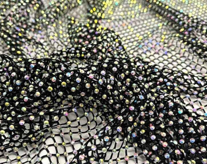 RHINESTONES - High Fashion - Rhinestones On Soft Stretch Fish Net Fabric 45" Wide -Sold by The Yard. Black