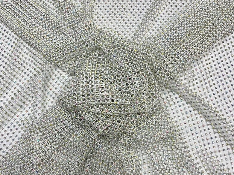 RHINESTONES - High Fashion - Rhinestones On Soft Stretch Fish Net Fabric 45" Wide -Sold by The Yard. White