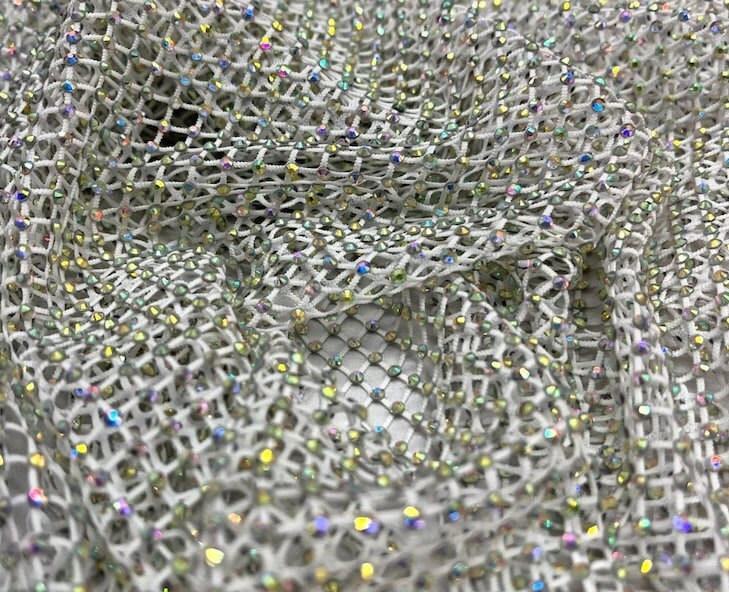 RHINESTONES - High Fashion - Rhinestones On Soft Stretch Fish Net Fabric 45" Wide -Sold by The Yard. White