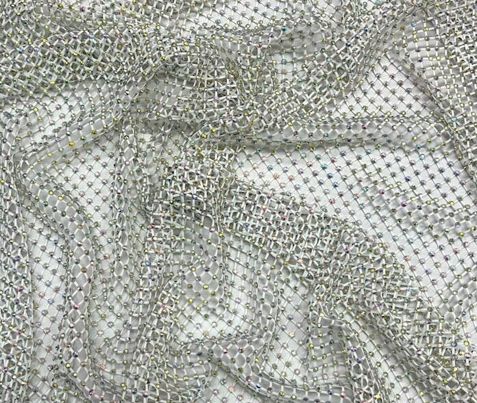 RHINESTONES - High Fashion - Rhinestones On Soft Stretch Fish Net Fabric 45" Wide -Sold by The Yard. White