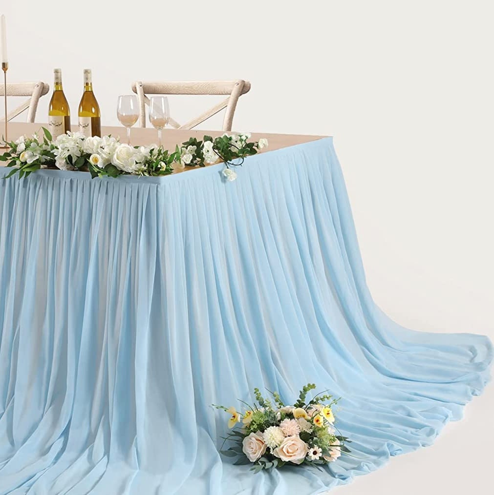 SWEETHEART - LT BLUE - 14ft Chiffon Table Skirt With Extra Length,Tulle Table Skirt for Backyard Lawn Wedding Dessert Birthday Party Cake