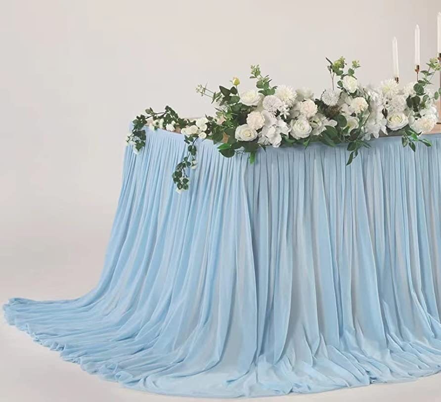 SWEETHEART - LT BLUE - 14ft Chiffon Table Skirt With Extra Length,Tulle Table Skirt for Backyard Lawn Wedding Dessert Birthday Party Cake