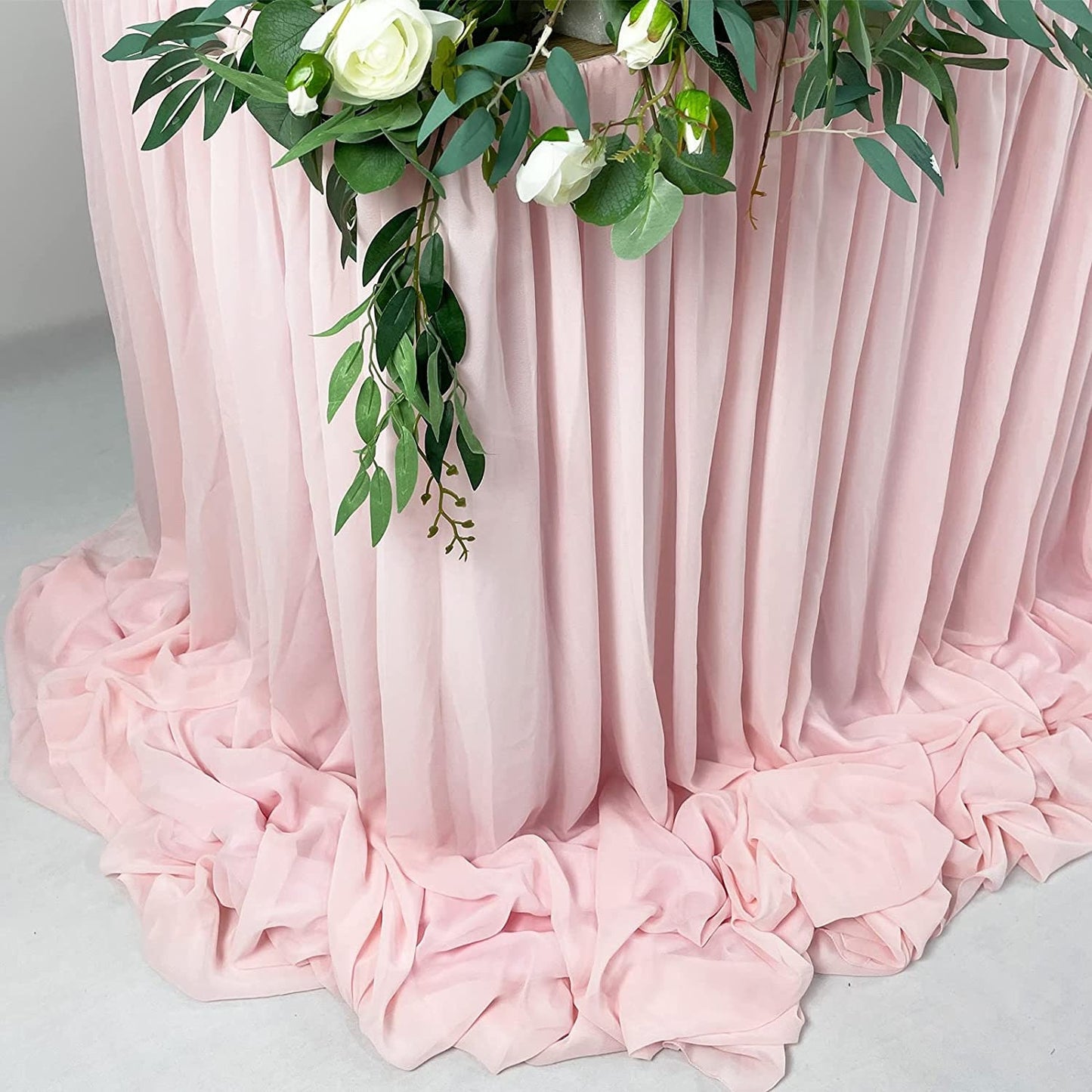 SWEETHEART - BLUSH - 14ft Chiffon Table Skirt With Extra Length,Tulle Table Skirt for Backyard Lawn Wedding Dessert Birthday Party Cake