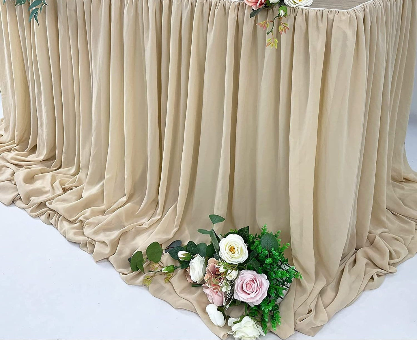 SWEETHEART - BEIGE - 14ft Chiffon Table Skirt With Extra Length,Tulle Table Skirt for Backyard Lawn Wedding Dessert Birthday Party Cake