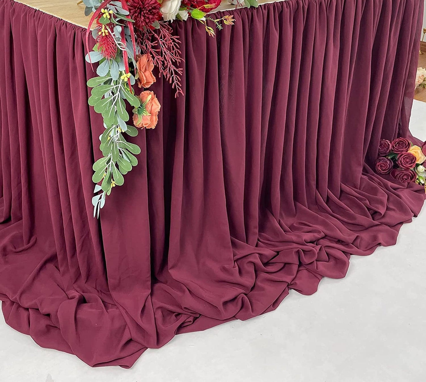 SWEETHEART - BURGUNDY - 14ft Chiffon Table Skirt With Extra Length,Tulle Table Skirt for Backyard Lawn Wedding Dessert Birthday Party Cake