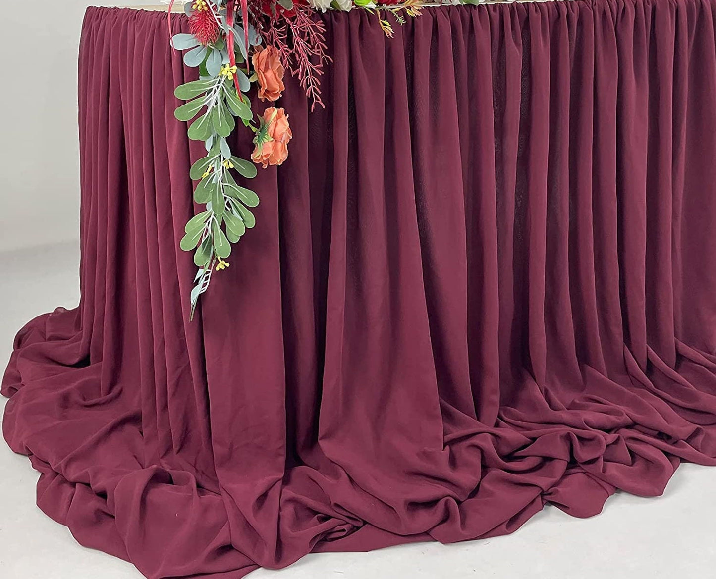 SWEETHEART - BURGUNDY - 14ft Chiffon Table Skirt With Extra Length,Tulle Table Skirt for Backyard Lawn Wedding Dessert Birthday Party Cake