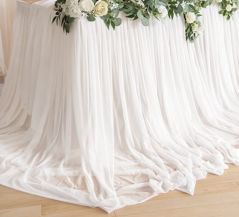 SWEETHEART - OFFWHITE - 14ft Chiffon Table Skirt With Extra Length,Tulle Table Skirt for Backyard Lawn Wedding Dessert Birthday Party Cake